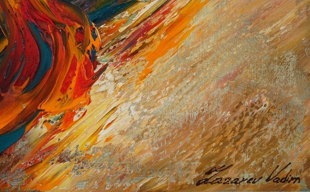 Detailaufnahme von diesem Bild: Ölgemälde von Vadim Lazarev, 100 × 70 cm. Eine elegante Pianistin sitzt mit dem Rücken zum Betrachter vor einem Flügel. Ihr feurig rotes Kleid fließt dynamisch über den Boden. Die Szene ist in warmen Gold-, Braun- und Rottönen gehalten, mit expressiven Pinselstrichen, die Bewegung und Leidenschaft vermitteln.