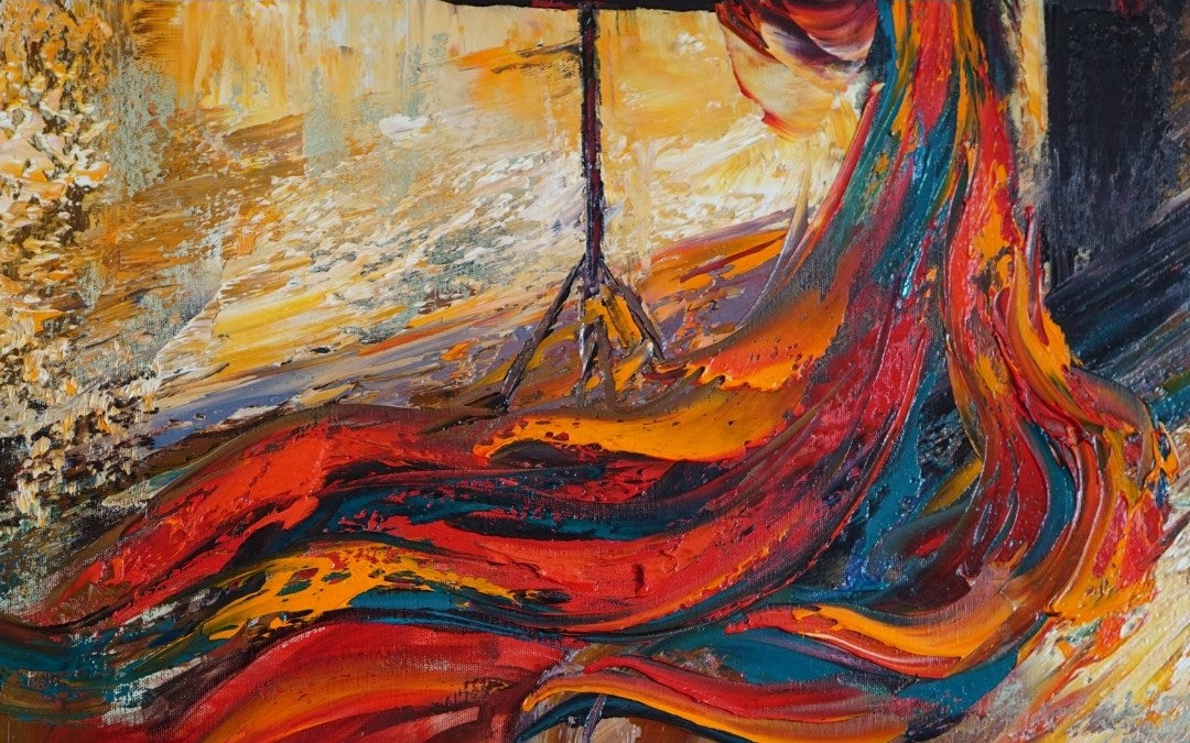 Detailaufnahme von diesem Bild: Ölgemälde von Vadim Lazarev, 100 × 70 cm. Eine elegante Pianistin sitzt mit dem Rücken zum Betrachter vor einem Flügel. Ihr feurig rotes Kleid fließt dynamisch über den Boden. Die Szene ist in warmen Gold-, Braun- und Rottönen gehalten, mit expressiven Pinselstrichen, die Bewegung und Leidenschaft vermitteln.