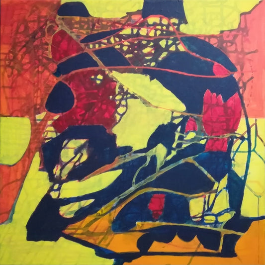 Ein abstraktes Gemälde mit einer vielschichtigen Struktur und ausdrucksstarken Farben. Das Bild erinnert an eine Collage und lädt den Betrachter dazu ein, die Dinge aus einer neuen Perspektive zu betrachten. Die Künstlerin Marlis G Schill verwendet eine Acryl-Collage-Technik, um interessante Strukturen und eine besondere Tiefe zu erzeugen.