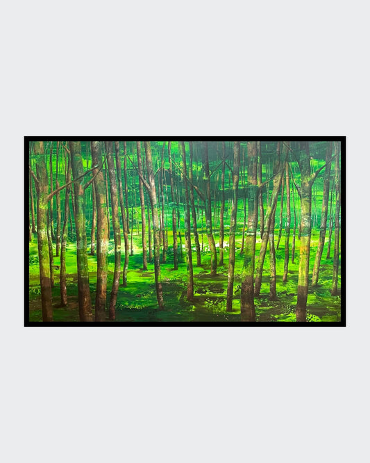 Großformatiges Acrylbild Green Forest. Dichte Baumstämme in tiefen Grüntönen ohne Blätter. Intensive, lebensbejahende Waldstimmung. Künstlerin:  Sabine Hoch-Himmighofen