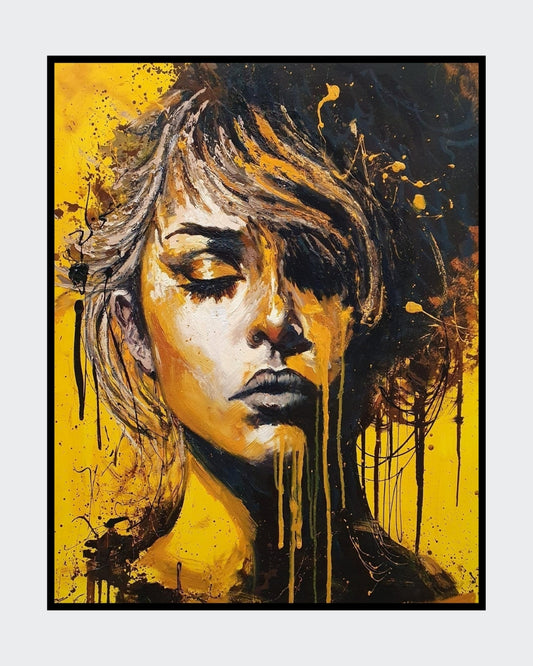 Ölgemälde von Vadim Lazarev, 100 × 80 cm. Ein weibliches Gesicht mit geschlossenen Augen, umgeben von kräftigen Gelb- und Schwarztönen. Dynamische Pinselstriche und Farbverläufe verleihen dem Bild eine expressive, fast surreale Tiefe. Goldene Akzente und tropfende Farbe verstärken die emotionale Wirkung.