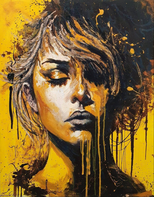 Ölgemälde von Vadim Lazarev, 100 × 80 cm. Ein weibliches Gesicht mit geschlossenen Augen, umgeben von kräftigen Gelb- und Schwarztönen. Dynamische Pinselstriche und Farbverläufe verleihen dem Bild eine expressive, fast surreale Tiefe. Goldene Akzente und tropfende Farbe verstärken die emotionale Wirkung.