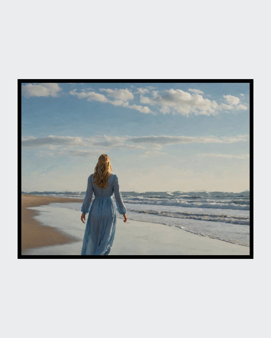 Das fotorealistische Digitalgemälde "València" von nostrokesbitte zeigt eine Frau mit blondem Haar und blauem, fließendem Kleid, die von hinten am Strand entlanggeht. Sie blickt über das Meer, dessen Wellen sanft ausrollen. Das Bild, Teil der Serie "Rueckenfiguren", verbindet die romantische Ästhetik Caspar David Friedrichs mit zeitgenössischer Fotografie. Das Werk ist auf Leinwand gedruckt und in limitierter Auflage bei FEMARTSPACE erhältlich.