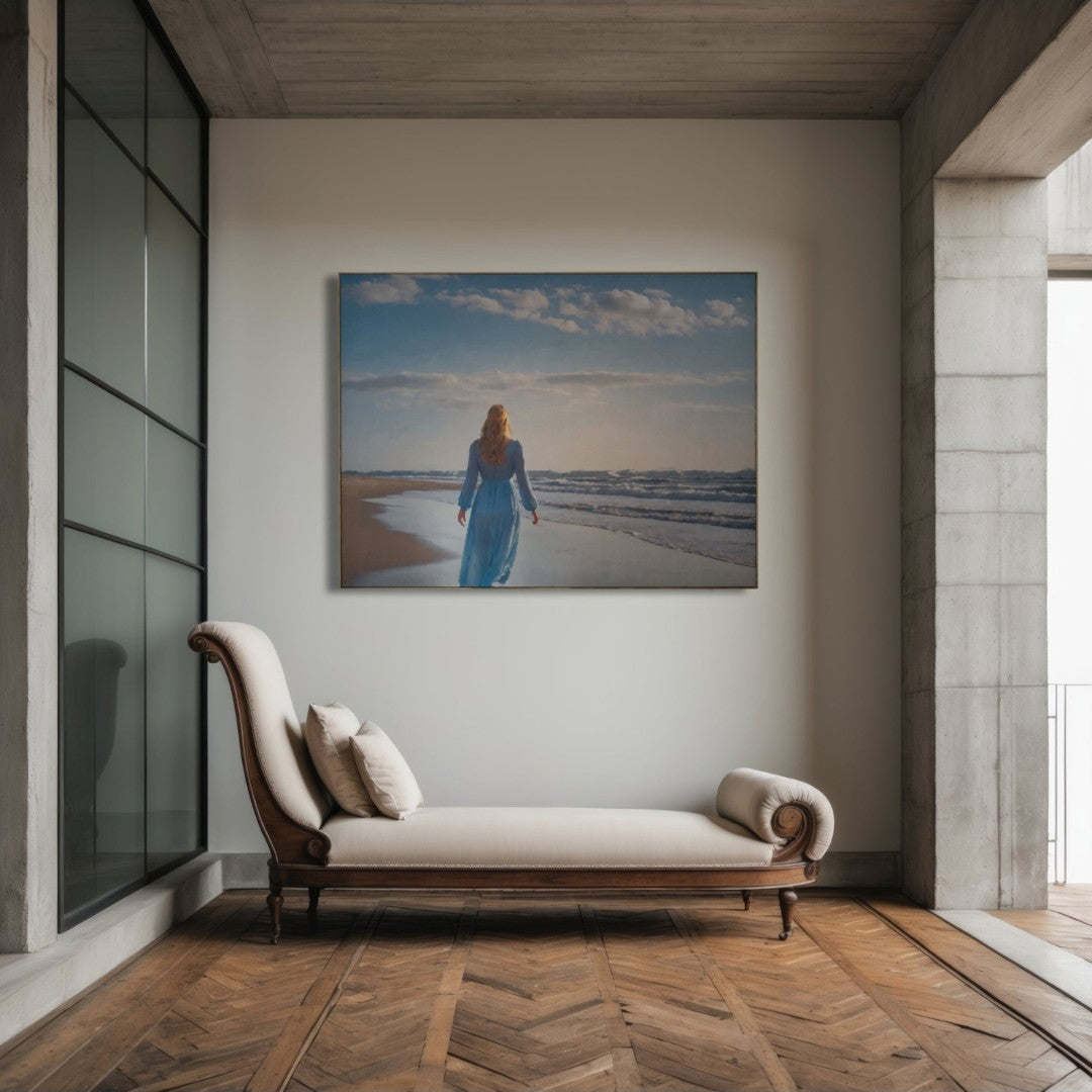 Das fotorealistische Digitalgemälde "València" von nostrokesbitte zeigt eine Frau mit blondem Haar und blauem, fließendem Kleid, die von hinten am Strand entlanggeht. Sie blickt über das Meer, dessen Wellen sanft ausrollen. Das Bild, Teil der Serie "Rueckenfiguren", verbindet die romantische Ästhetik Caspar David Friedrichs mit zeitgenössischer Fotografie. Das Werk ist auf Leinwand gedruckt und in limitierter Auflage bei FEMARTSPACE erhältlich.