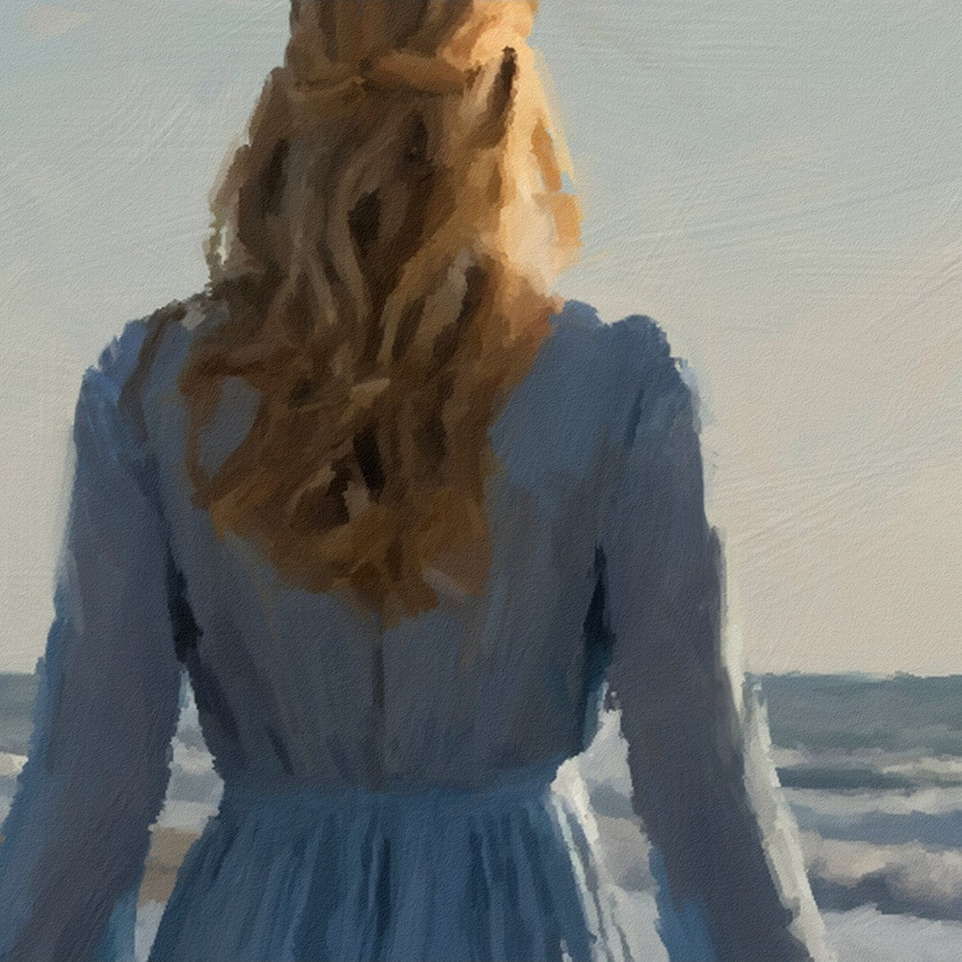 Das fotorealistische Digitalgemälde "València" von nostrokesbitte zeigt eine Frau mit blondem Haar und blauem, fließendem Kleid, die von hinten am Strand entlanggeht. Sie blickt über das Meer, dessen Wellen sanft ausrollen. Das Bild, Teil der Serie "Rueckenfiguren", verbindet die romantische Ästhetik Caspar David Friedrichs mit zeitgenössischer Fotografie. Das Werk ist auf Leinwand gedruckt und in limitierter Auflage bei FEMARTSPACE erhältlich.