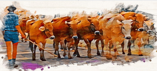 „Eine Kuhherde mit Hirte“ – Kunstfotografie von Ralf Sempf. Eine Gruppe Kühe wird von einem Hirten durch das Stillachtal geführt, in warmen Erdtönen künstlerisch verfremdet.