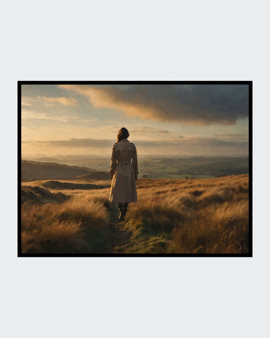 Das fotorealistische Digitalgemälde "Uckermark" aus der Serie "Rueckenfiguren" von nostrokes zeigt eine Person von hinten, die auf einem Feldweg steht und in die Ferne blickt. Die Silhouette der Person hebt sich vor dem warmen, orange-gelben Licht der Abendsonne ab, die über eine weite, landwirtschaftlich genutzte Fläche scheint. Das Werk ist von einer romantischen, nachdenklichen Stimmung geprägt. Es ist auf Leinwand gedruckt und in einer limitierten Edition bei FEMARTSPACE erhältlich.