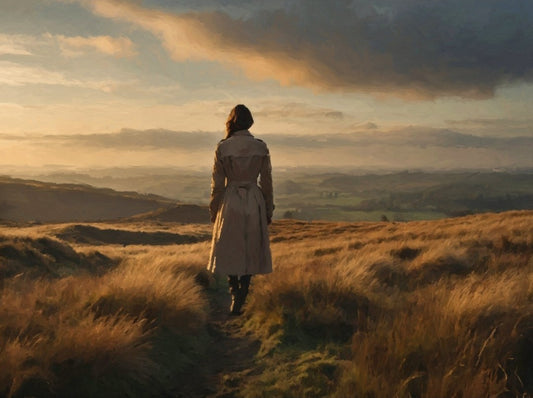 Das fotorealistische Digitalgemälde "Uckermark" aus der Serie "Rueckenfiguren" von nostrokes zeigt eine Person von hinten, die auf einem Feldweg steht und in die Ferne blickt. Die Silhouette der Person hebt sich vor dem warmen, orange-gelben Licht der Abendsonne ab, die über eine weite, landwirtschaftlich genutzte Fläche scheint. Das Werk ist von einer romantischen, nachdenklichen Stimmung geprägt. Es ist auf Leinwand gedruckt und in einer limitierten Edition bei FEMARTSPACE erhältlich.