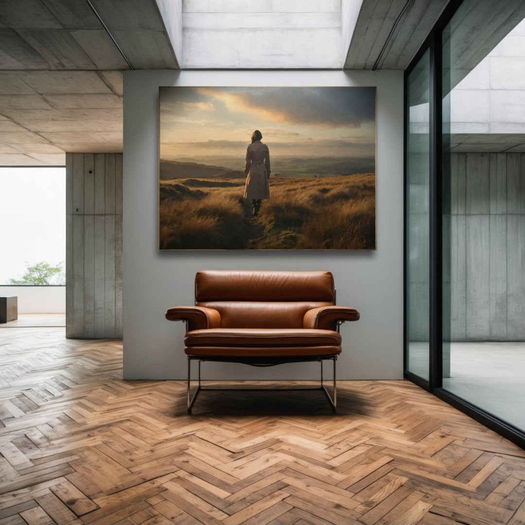 Das fotorealistische Digitalgemälde "Uckermark" aus der Serie "Rueckenfiguren" von nostrokes zeigt eine Person von hinten, die auf einem Feldweg steht und in die Ferne blickt. Die Silhouette der Person hebt sich vor dem warmen, orange-gelben Licht der Abendsonne ab, die über eine weite, landwirtschaftlich genutzte Fläche scheint. Das Werk ist von einer romantischen, nachdenklichen Stimmung geprägt. Es ist auf Leinwand gedruckt und in einer limitierten Edition bei FEMARTSPACE erhältlich.