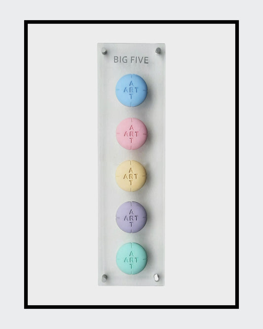 Wandobjekt BIG FIVE von Amos Plaut: Fünf farbige Porzellan-Pillen mit „ART“-Prägung auf Plexiglasplatte, zeitgenössische Konzeptkunst.
