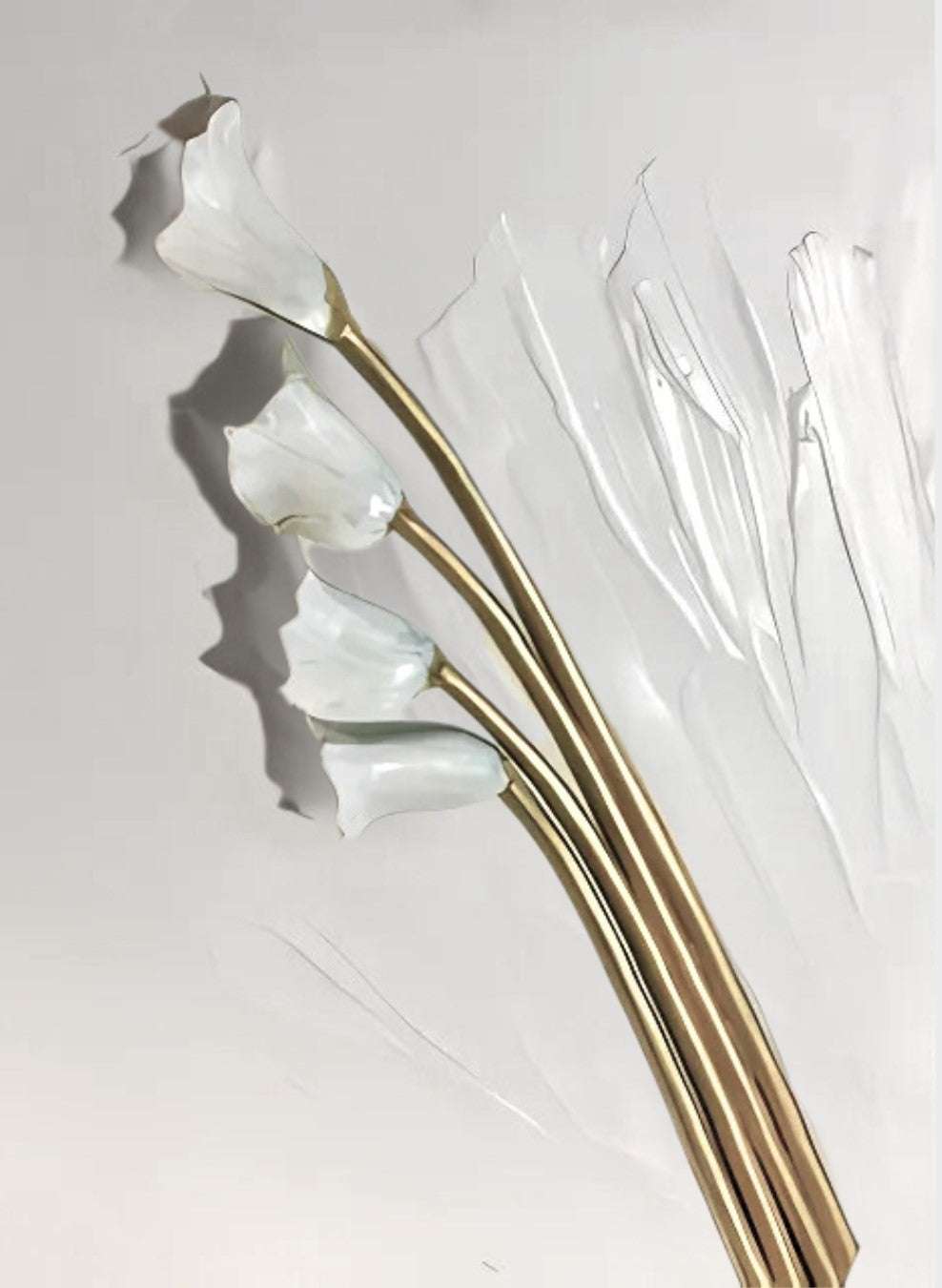 Gemälde "Dreidimensionale Lilienblüte" von Federica, Acryl auf Leinwand, 80x60 cm. Dreidimensionale Darstellung von Lilien in Weiß und Braun auf weißem Hintergrund.