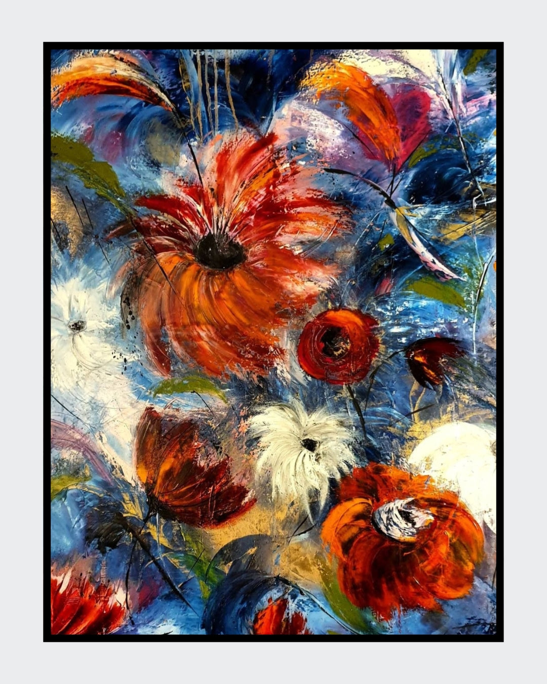 Abstraktes Ölgemälde "Traumfänger" von Petra Erengil, 115x75 cm. Leuchtend rote und weiße Spachtelblumen vor blau-weißem Hintergrund. Abstrakte florale Kunst.