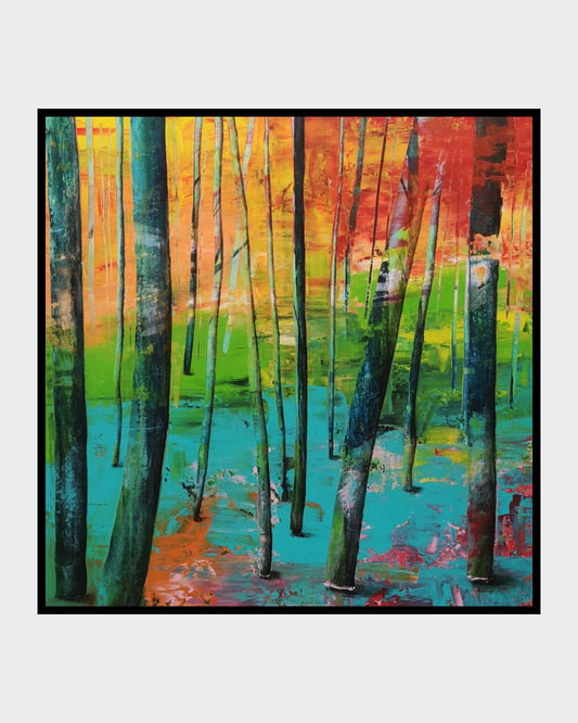 Quadratisches Acrylbild Let‘s have a walk. Baumstämme vor einem leuchtenden Hintergrund aus Türkis, Orange und Gelb. Abstrakte, optimistische Waldkomposition.