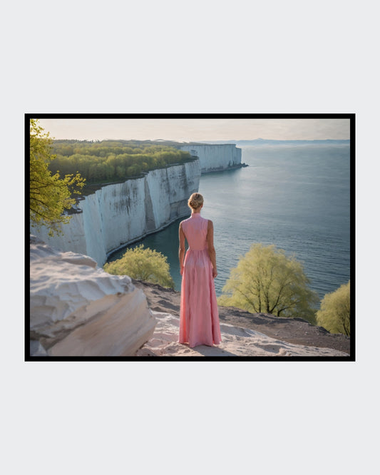 Das fotorealistische Digitalgemälde "Dover" aus der Serie "Rueckenfiguren" von nostrokes zeigt eine Person von hinten, die auf den Klippen steht und auf das Meer und die imposanten weißen Kreidefelsen blickt. Die Person trägt ein langes, pastellfarbenes, rosafarbenes Kleid und steht vor einer weiten Landschaft, die in sanftem Morgenlicht gebadet ist. Das Kunstwerk fängt eine romantische Stimmung der Reflexion und Weite ein und ist in limitierter Auflage bei FEMARTSPACE erhältlich.