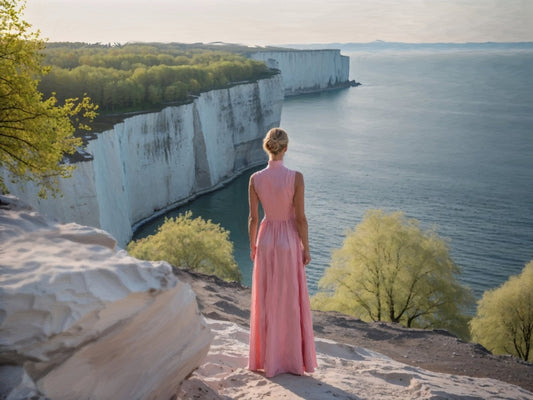Das fotorealistische Digitalgemälde "Dover" aus der Serie "Rueckenfiguren" von nostrokes zeigt eine Person von hinten, die auf den Klippen steht und auf das Meer und die imposanten weißen Kreidefelsen blickt. Die Person trägt ein langes, pastellfarbenes, rosafarbenes Kleid und steht vor einer weiten Landschaft, die in sanftem Morgenlicht gebadet ist. Das Kunstwerk fängt eine romantische Stimmung der Reflexion und Weite ein und ist in limitierter Auflage bei FEMARTSPACE erhältlich.