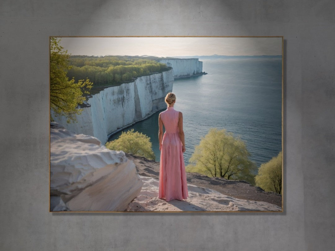 Das fotorealistische Digitalgemälde "Dover" aus der Serie "Rueckenfiguren" von nostrokes zeigt eine Person von hinten, die auf den Klippen steht und auf das Meer und die imposanten weißen Kreidefelsen blickt. Die Person trägt ein langes, pastellfarbenes, rosafarbenes Kleid und steht vor einer weiten Landschaft, die in sanftem Morgenlicht gebadet ist. Das Kunstwerk fängt eine romantische Stimmung der Reflexion und Weite ein und ist in limitierter Auflage bei FEMARTSPACE erhältlich.