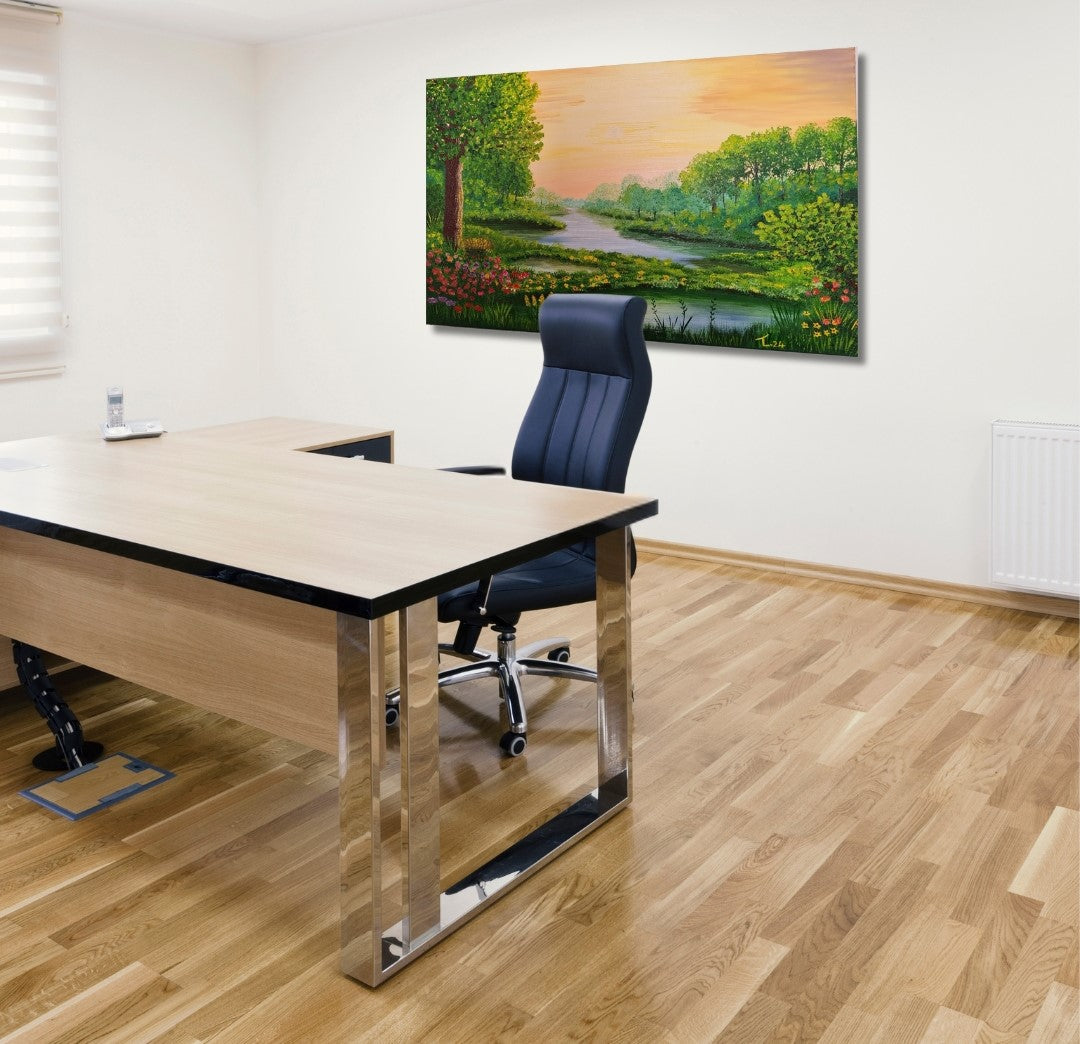 Gemälde "Wasserlandschaft" von Lisa Tahar. Öl auf Leinwand, 50x70 cm. Zeigt eine Flusslandschaft mit Bäumen, Blumen und sanften Farbtönen.