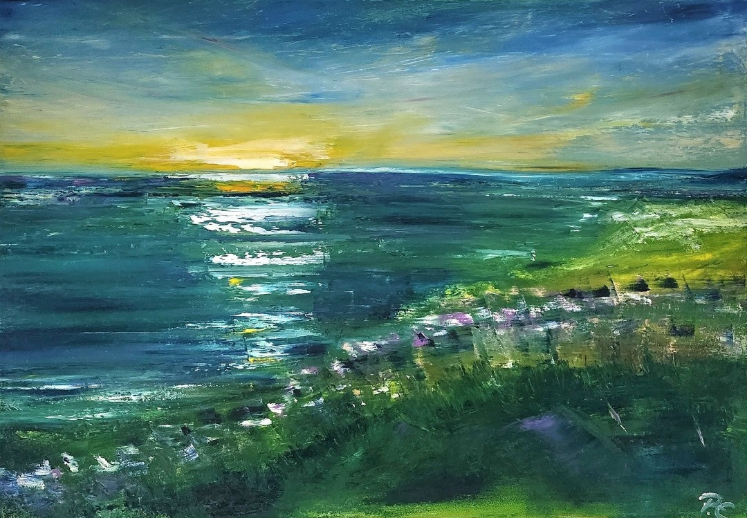 Abstraktes Ölgemälde "Rügen" von Petra Erengil, 70x100 cm. Landschaftsbild mit Sonnenuntergang über dem Meer, grüne Dünen und abstrakte Blumen. Abstrakte Meereslandschaft.