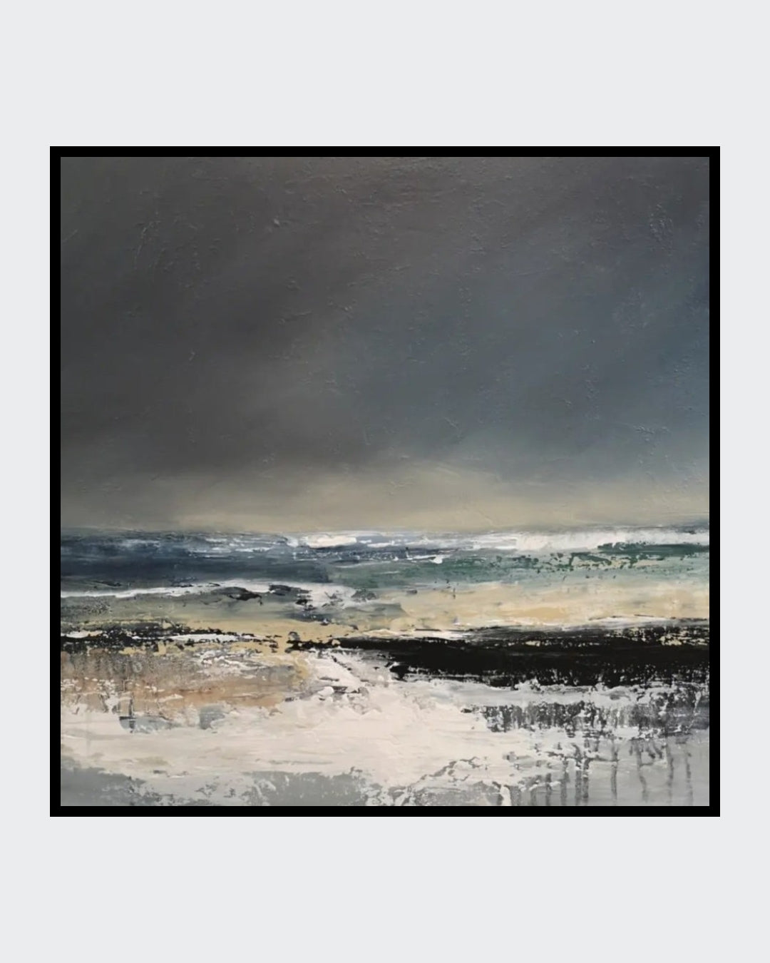 Abstraktes Acrylgemälde "Stormy times" von Sabine Hoch-Himmighofen, stürmische Meereslandschaft mit dunklem Himmel und aufgewühlter See, 60x60 cm.