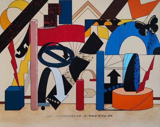 "Acrylgemälde 'Ohne Gleichen 2' von Smillya Dartsch. Eine geometrische Komposition mit einer Vielzahl von farbigen Formen und Linien. Das Bild zeigt eine Mischung aus Rechtecken, Kreisen, Pfeilen und einem Schmetterling, die in lebhaften Farben auf einem hellen Hintergrund angeordnet sind. Das Gemälde hat eine seichte, unterschiedlich ausgeprägte Struktur und ist mit einem Schattenfugenrahmen versehen. Maße: 84x104 cm."