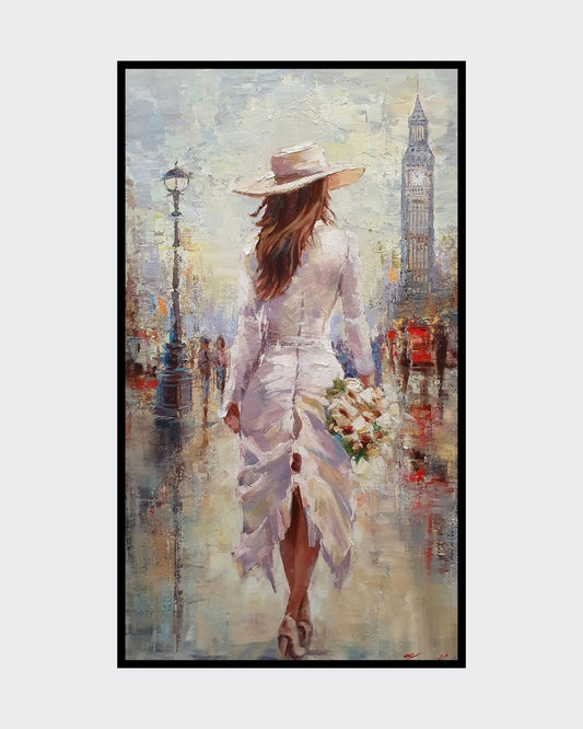 Ölgemälde von Vadim Lazarev, 140 × 80 cm. Eine Frau in einem weißen Kleid mit Blumenstrauß spaziert durch London, während Big Ben und das Stadtleben im Hintergrund verschwimmen. Warme und kühle Farbtöne verleihen dem Werk Tiefe und Atmosphäre.