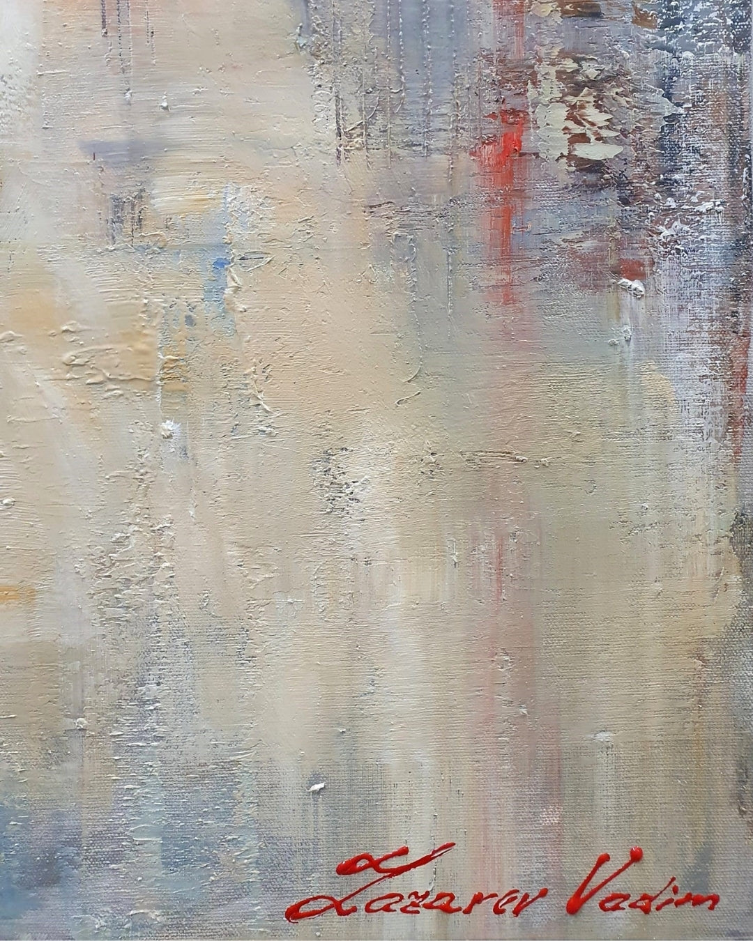 Ölgemälde von Vadim Lazarev, 140 × 80 cm. Eine Frau in einem weißen Kleid mit Blumenstrauß spaziert durch London, während Big Ben und das Stadtleben im Hintergrund verschwimmen. Warme und kühle Farbtöne verleihen dem Werk Tiefe und Atmosphäre. (Detail)