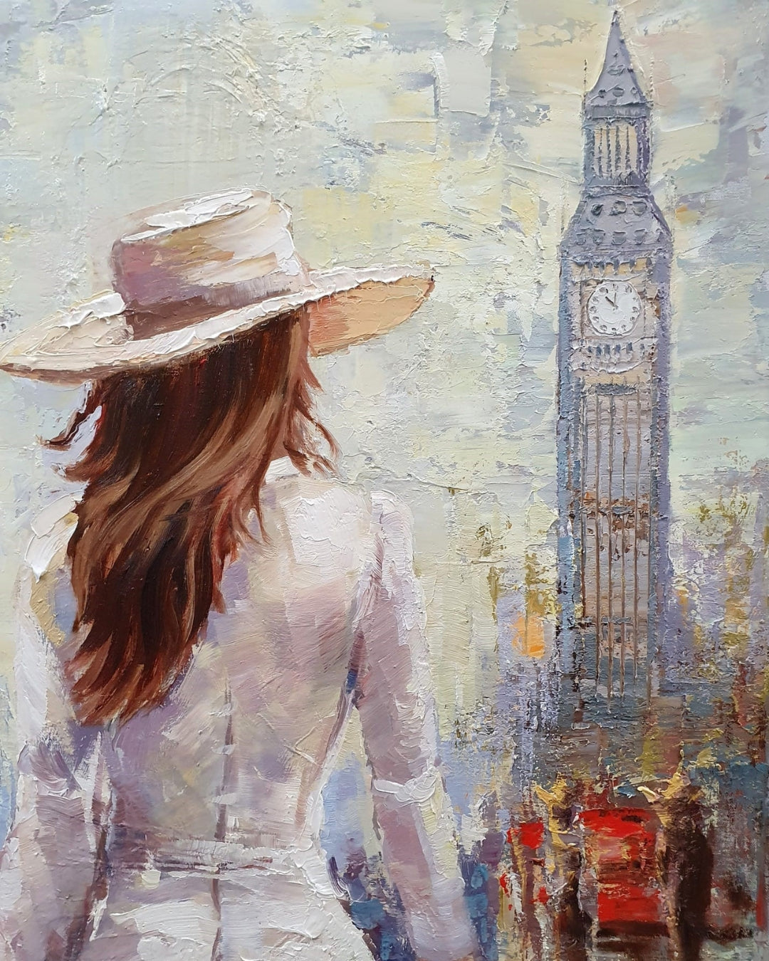 Ölgemälde von Vadim Lazarev, 140 × 80 cm. Eine Frau in einem weißen Kleid mit Blumenstrauß spaziert durch London, während Big Ben und das Stadtleben im Hintergrund verschwimmen. Warme und kühle Farbtöne verleihen dem Werk Tiefe und Atmosphäre. (Detail)