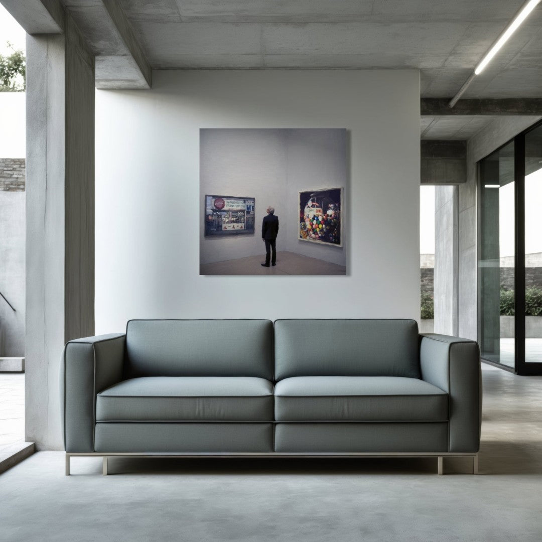 Das fotorealistische Digitalgemälde "Berlin" aus der Serie "Rueckenfiguren" von nostrokes zeigt einen Mann in einem schwarzen Anzug, der von hinten in einer Kunstgalerie steht. Er betrachtet zwei große, farbige Gemälde im Stil des Fotorealismus an einer weißen Wand. Das quadratische Werk ist in einer limitierten Edition auf Leinwand gedruckt und in der Online-Galerie FEMARTSPACE erhältlich.