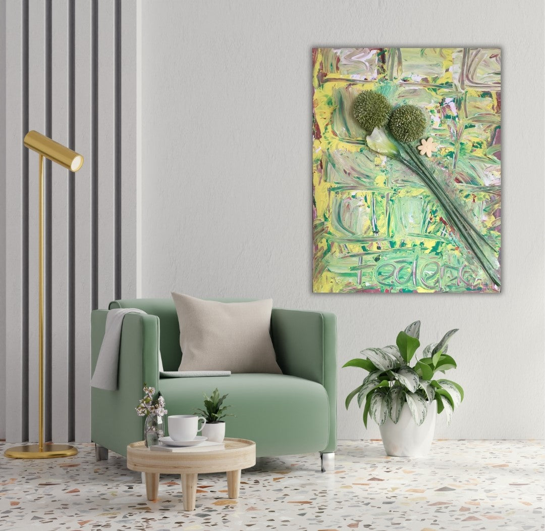 Dreidimensionales Acrylgemälde auf Leinwand (80 x 60 cm). Zwei grüne, kugelförmige Blütenstände dominieren das Bild, begleitet von einer großen, hellen, lilienartigen Blüte und einer kleinen, gelben, sternförmigen Blüte. Der Hintergrund zeigt abstrakte, grüne und gelbe Farbwirbel.