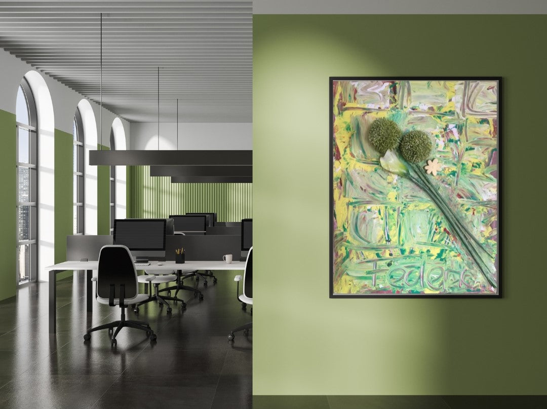 Dreidimensionales Acrylgemälde auf Leinwand (80 x 60 cm). Zwei grüne, kugelförmige Blütenstände dominieren das Bild, begleitet von einer großen, hellen, lilienartigen Blüte und einer kleinen, gelben, sternförmigen Blüte. Der Hintergrund zeigt abstrakte, grüne und gelbe Farbwirbel.