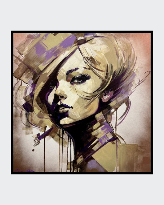 xpressives Ölgemälde „Charme“ von Vadim Lazarev (80 × 80 cm). Porträt einer Frau mit intensiven Blick, umgeben von dynamischen Pinselstrukturen in erdigen und violetten Farbtönen.