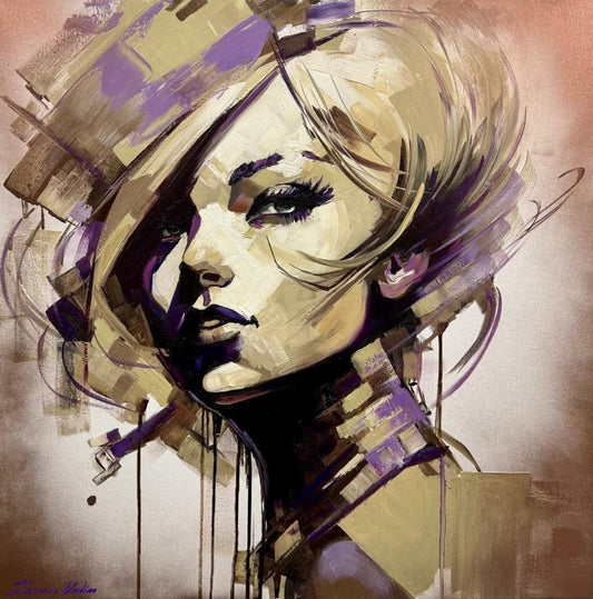 xpressives Ölgemälde „Charme“ von Vadim Lazarev (80 × 80 cm). Porträt einer Frau mit intensiven Blick, umgeben von dynamischen Pinselstrukturen in erdigen und violetten Farbtönen.