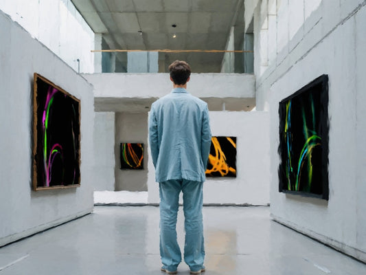 Das fotorealistische Digitalgemälde "Bilbao" aus der Serie "Rueckenfiguren" von nostrokes zeigt eine Person, die von hinten in einem großen, hellen, modernen Gebäude steht. Die Person trägt einen hellblauen Anzug und blickt auf die gegenüberliegenden Wände, an denen moderne, leuchtende Gemälde hängen. Das quadratische Werk ist in einer limitierten Edition auf Leinwand gedruckt und in der Online-Galerie FEMARTSPACE erhältlich.