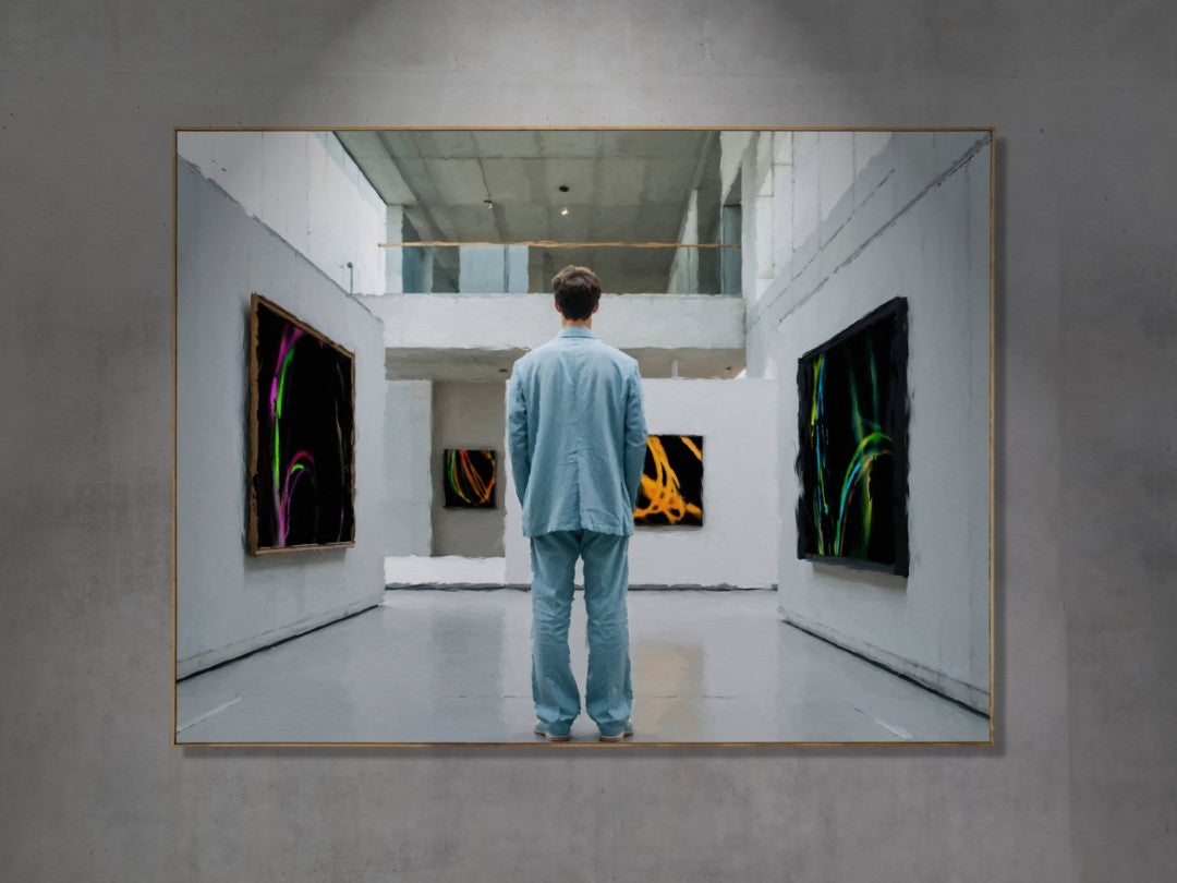 Das fotorealistische Digitalgemälde "Bilbao" aus der Serie "Rueckenfiguren" von nostrokes zeigt eine Person, die von hinten in einem großen, hellen, modernen Gebäude steht. Die Person trägt einen hellblauen Anzug und blickt auf die gegenüberliegenden Wände, an denen moderne, leuchtende Gemälde hängen. Das quadratische Werk ist in einer limitierten Edition auf Leinwand gedruckt und in der Online-Galerie FEMARTSPACE erhältlich.