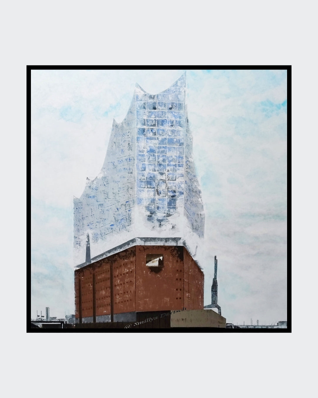 Handgemaltes Acrylgemälde "Elbphilharmonie Hamburg" von Smillya Dartsch. Ein Unikat, das die ikonische Architektur und ihre Verbindung zum Himmel einfängt.