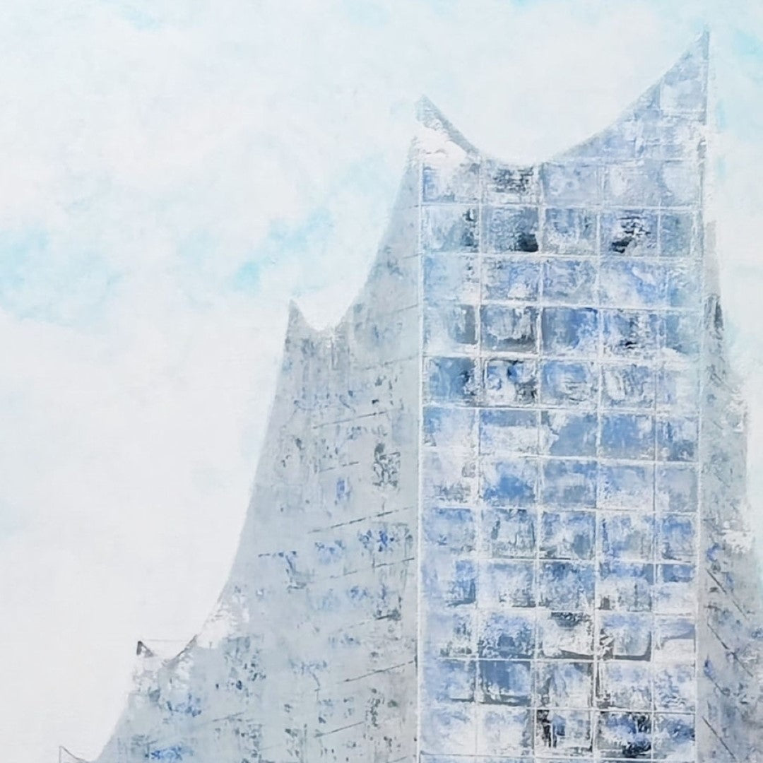Handgemaltes Acrylgemälde "Elbphilharmonie Hamburg" von Smillya Dartsch. Ein Unikat, das die ikonische Architektur und ihre Verbindung zum Himmel einfängt.