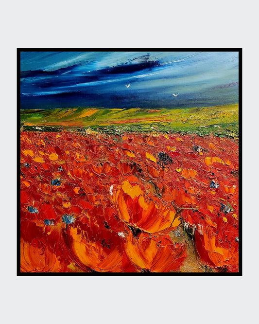 Abstraktes Ölgemälde "Sommer" von Petra Erengil, 50x50 cm. Mohnblumenfeld in Rot und Orange unter einem dunklen, stürmischen blau-grünen Himmel. Florale abstrakte Malerei.