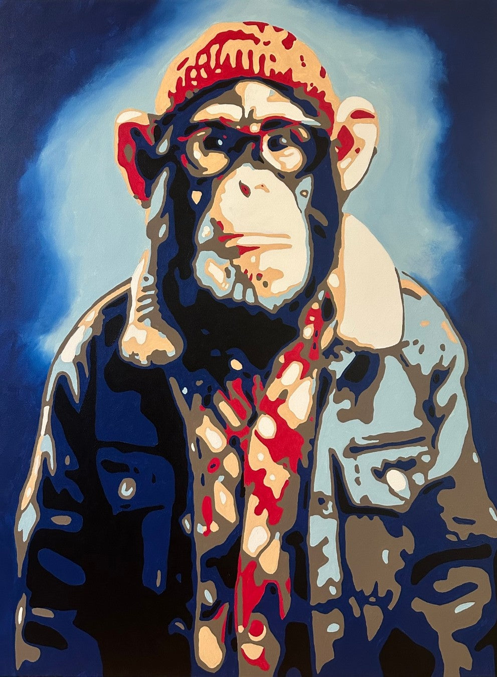 Pop-Art-Affe Björn von Sabine Hoch-Himmighofen in Jeansjacke, inspiriert von nordischer Gelassenheit, limitierte Edition.