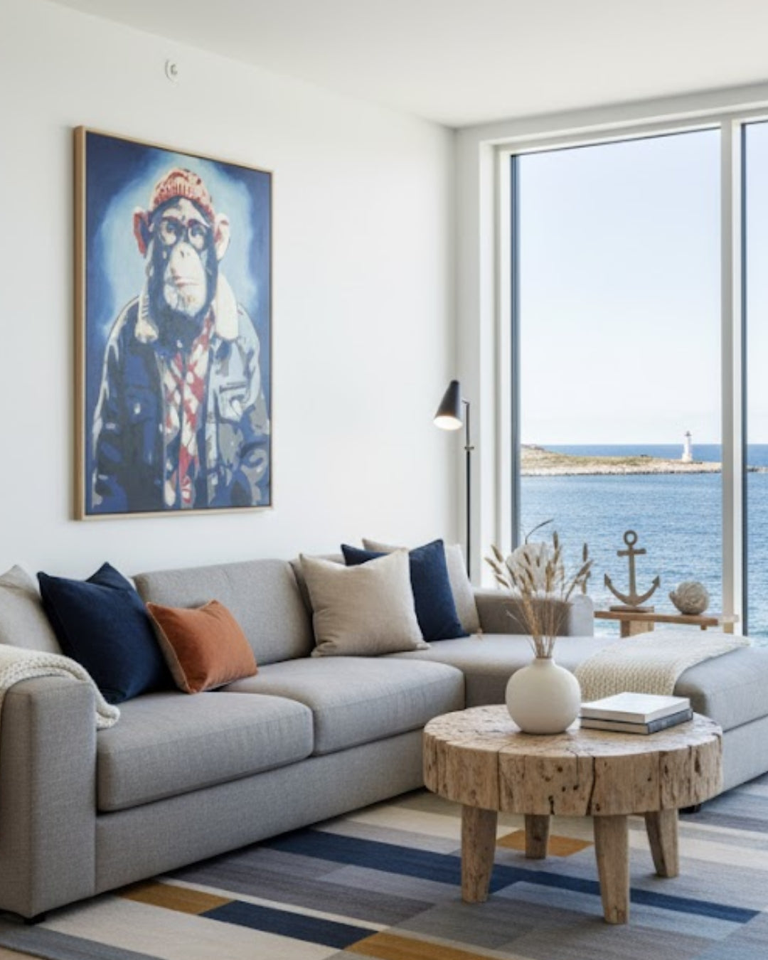 Pop-Art-Affe Björn von Sabine Hoch-Himmighofen in Jeansjacke, inspiriert von nordischer Gelassenheit, limitierte Edition.