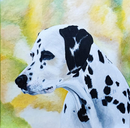 Acrylgemälde eines Dalmatiners von Smillya Dartsch – detailgetreu gemalt, mit lebendigen Kontrasten und einer Schutzfirnis für brillante Farbkraft.
