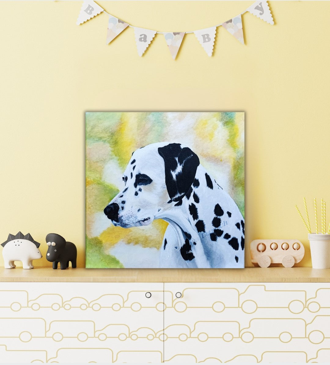 Acrylgemälde eines Dalmatiners von Smillya Dartsch – detailgetreu gemalt, mit lebendigen Kontrasten und einer Schutzfirnis für brillante Farbkraft.