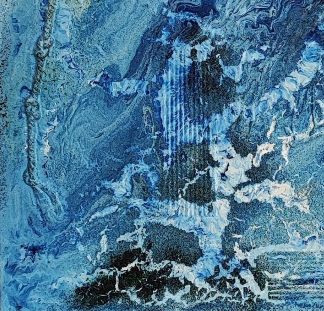 Abstraktes Gemälde „Meereswunden“ von Smillya Dartsch – in Blautönen, mit plastischen Strukturen, die die Verletzlichkeit der Meere symbolisieren.