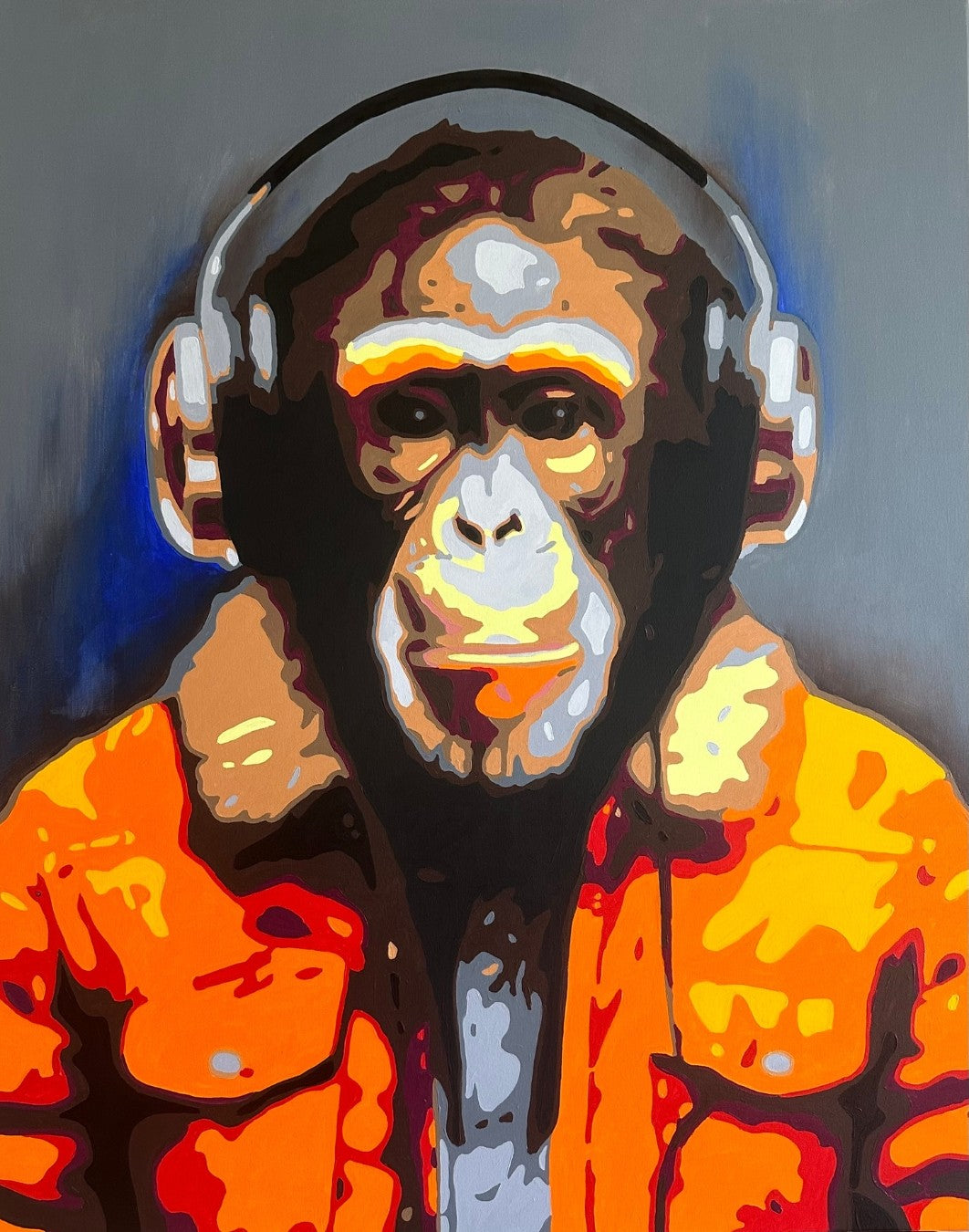 Kunstwerk „Matze“ von Sabine Hoch-Himmighofen – Pop-Art-Affe mit Kopfhörern als Fine Art Print oder Digigrafie auf Leinwand.