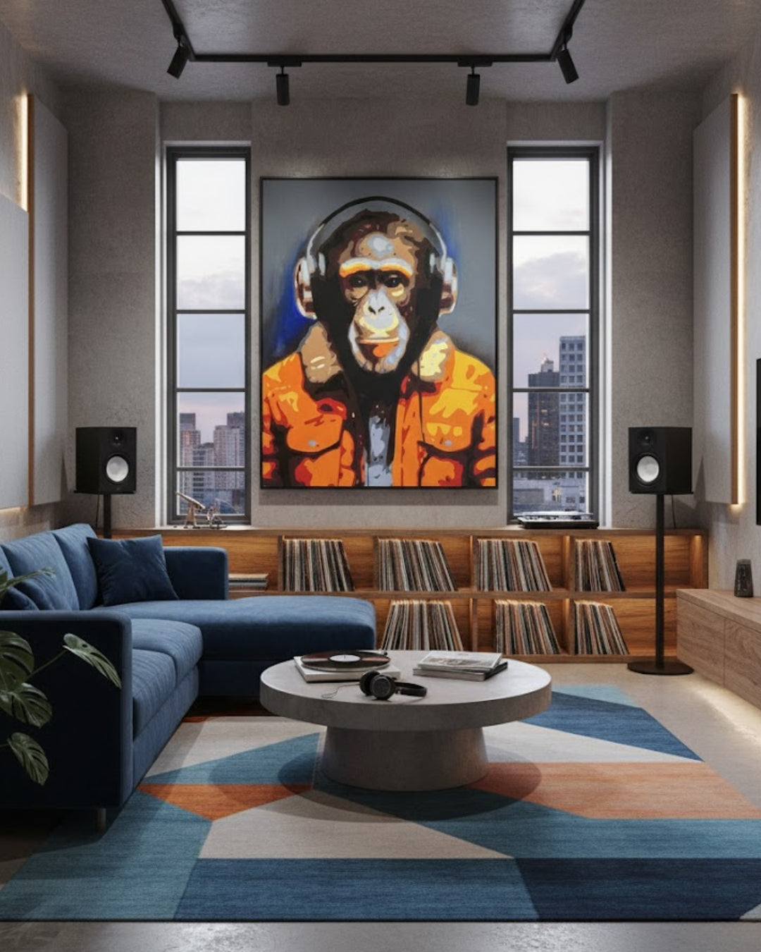 Kunstwerk „Matze“ von Sabine Hoch-Himmighofen – Pop-Art-Affe mit Kopfhörern als Fine Art Print oder Digigrafie auf Leinwand.