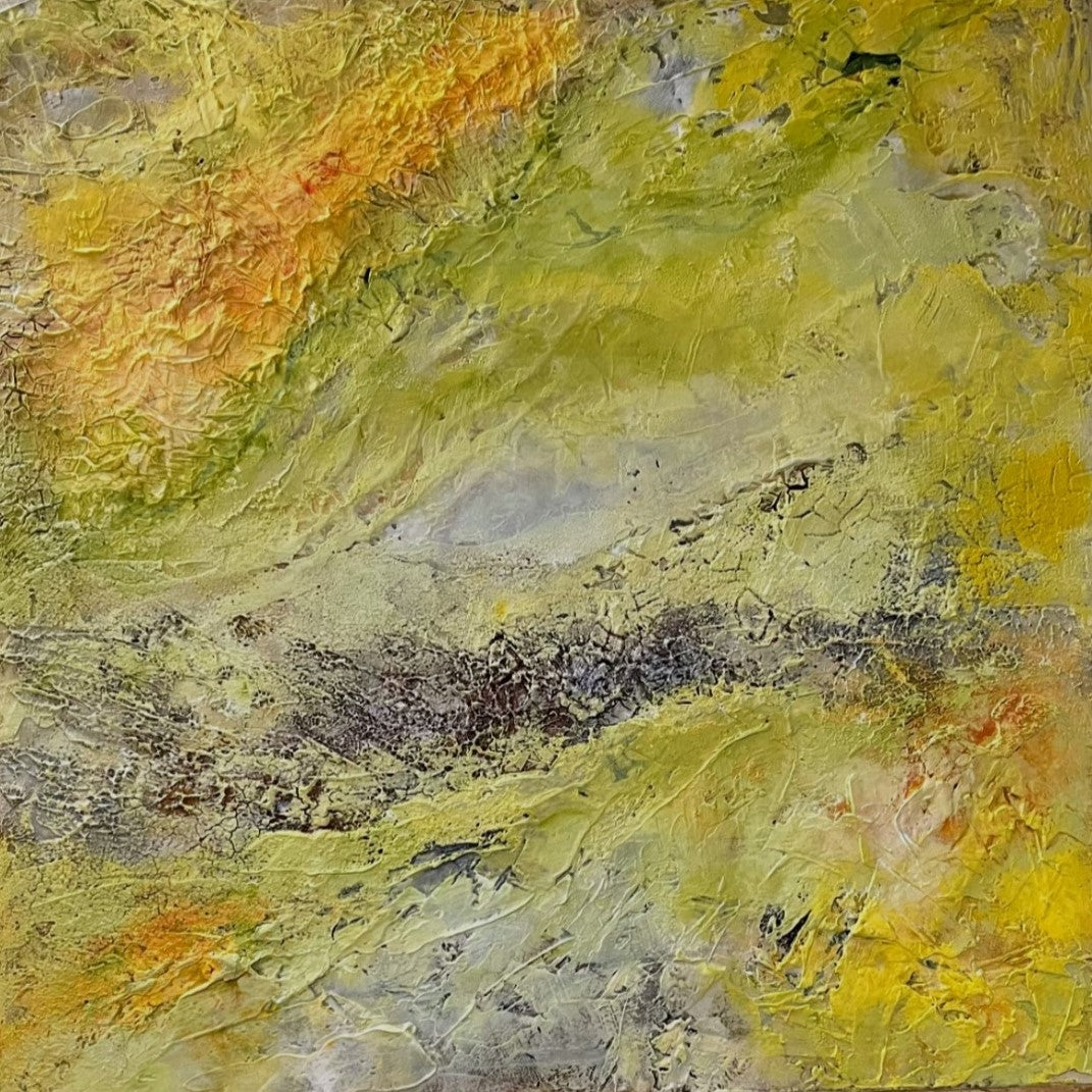 Abstraktes Acrylgemälde "Sonnenwind" von Sigrid Bautze-Klinder in Gelb- und Grüntönen mit pastoser, reliefartiger Textur.