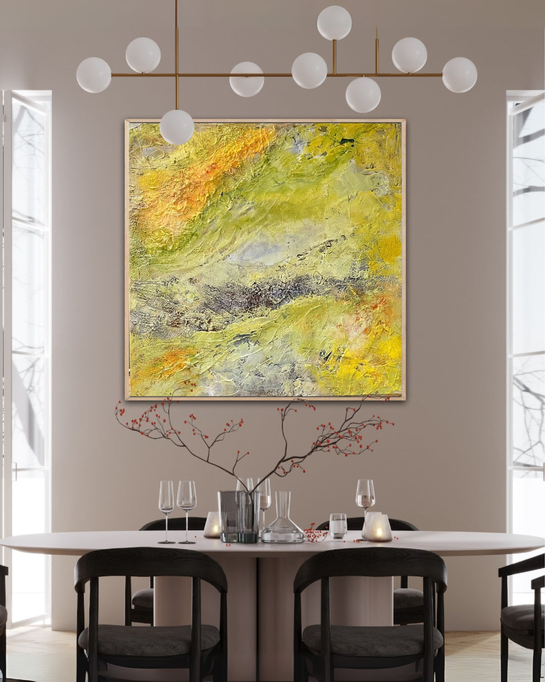 Abstraktes Acrylgemälde "Sonnenwind" von Sigrid Bautze-Klinder in Gelb- und Grüntönen mit pastoser, reliefartiger Textur.