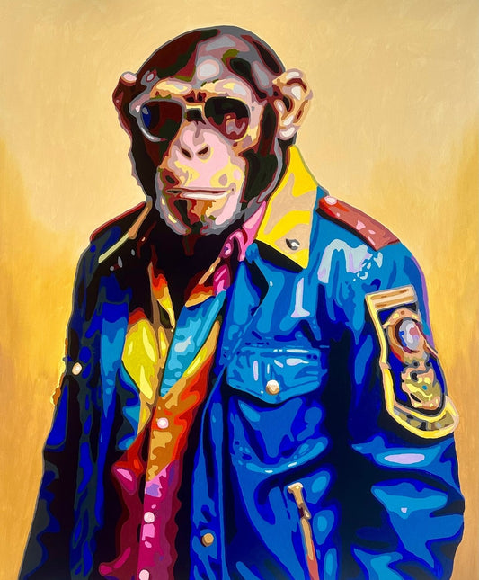 Kunstwerk „Eric“ von Sabine Hoch-Himmighofen – markanter Pop-Art-Affe als Fine Art Print oder Digigrafie auf Leinwand.