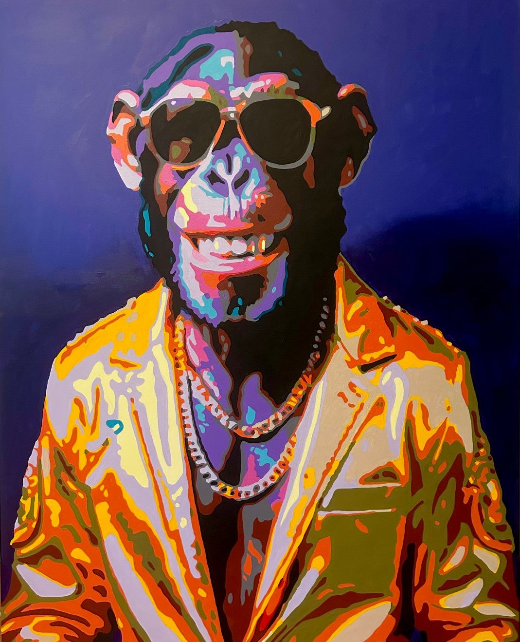 Kunstwerk „Robbie“ von Sabine Hoch-Himmighofen – cooler Pop-Art-Affe mit goldener Jacke als Fine Art Print oder Leinwandbild.