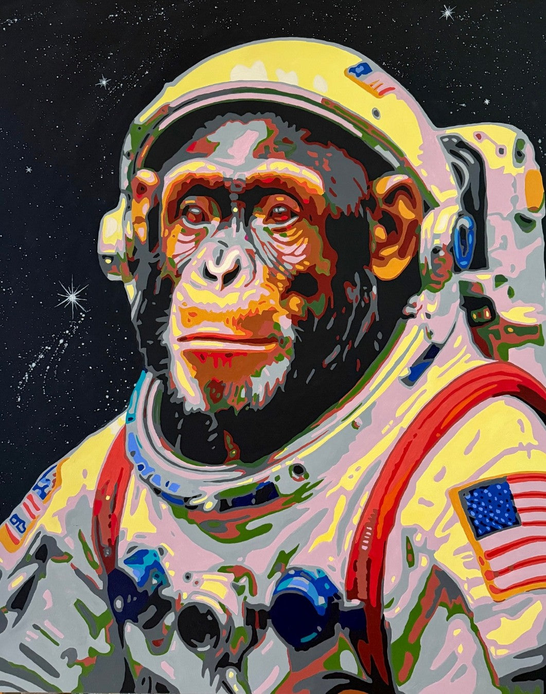 Pop-Art-Kunstwerk „Armstrong“ von Sabine Hoch-Himmighofen – Astronautenaffe als Fine Art Print oder Leinwand-Digigrafie.