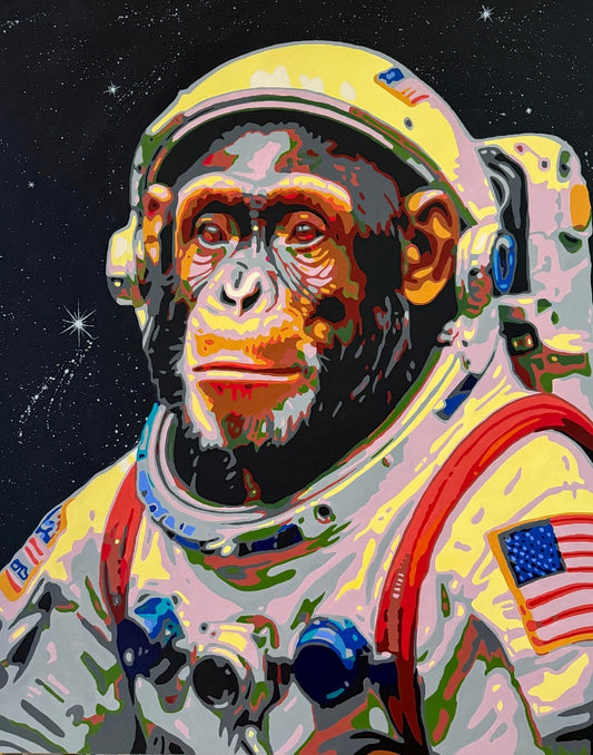 Pop-Art-Kunstwerk „Armstrong“ von Sabine Hoch-Himmighofen – Astronautenaffe als Fine Art Print oder Leinwand-Digigrafie.
